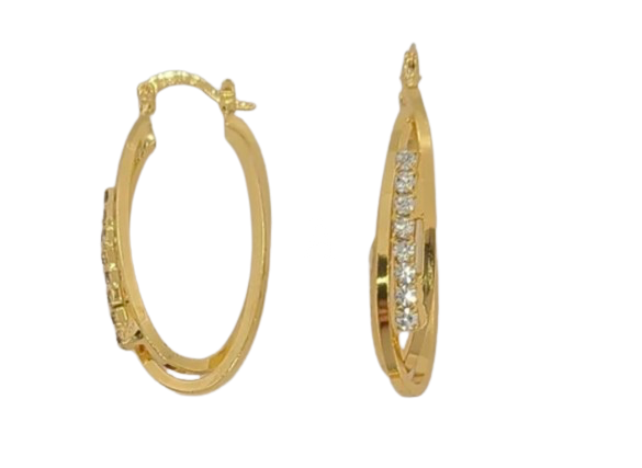 Gold Laminated Oval Hoops W/Rhinestones